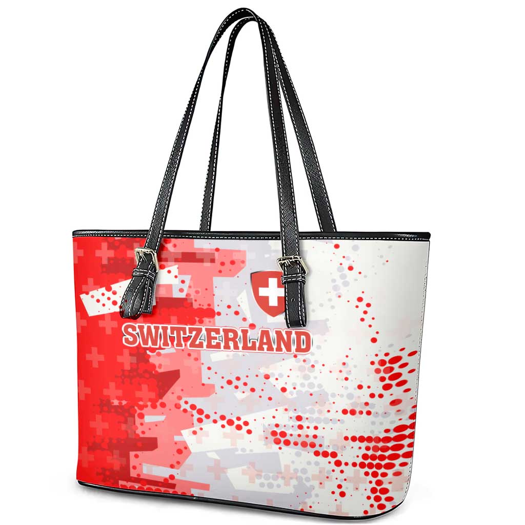 Switzerland Flag Leather Tote Bag with Camo Red White Sportswear with Swiss Cross Shield - Wonder Print Shop