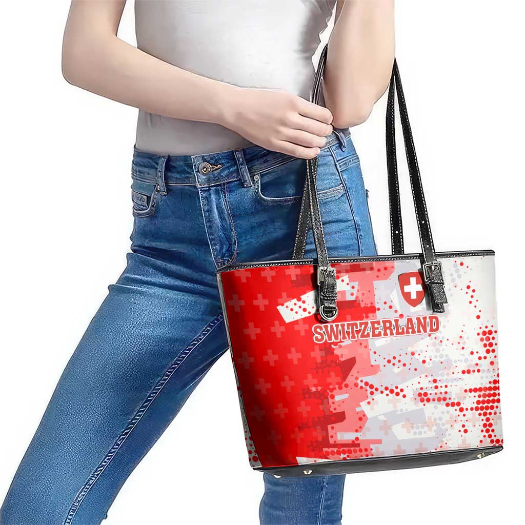 Switzerland Flag Leather Tote Bag with Camo Red White Sportswear with Swiss Cross Shield - Wonder Print Shop