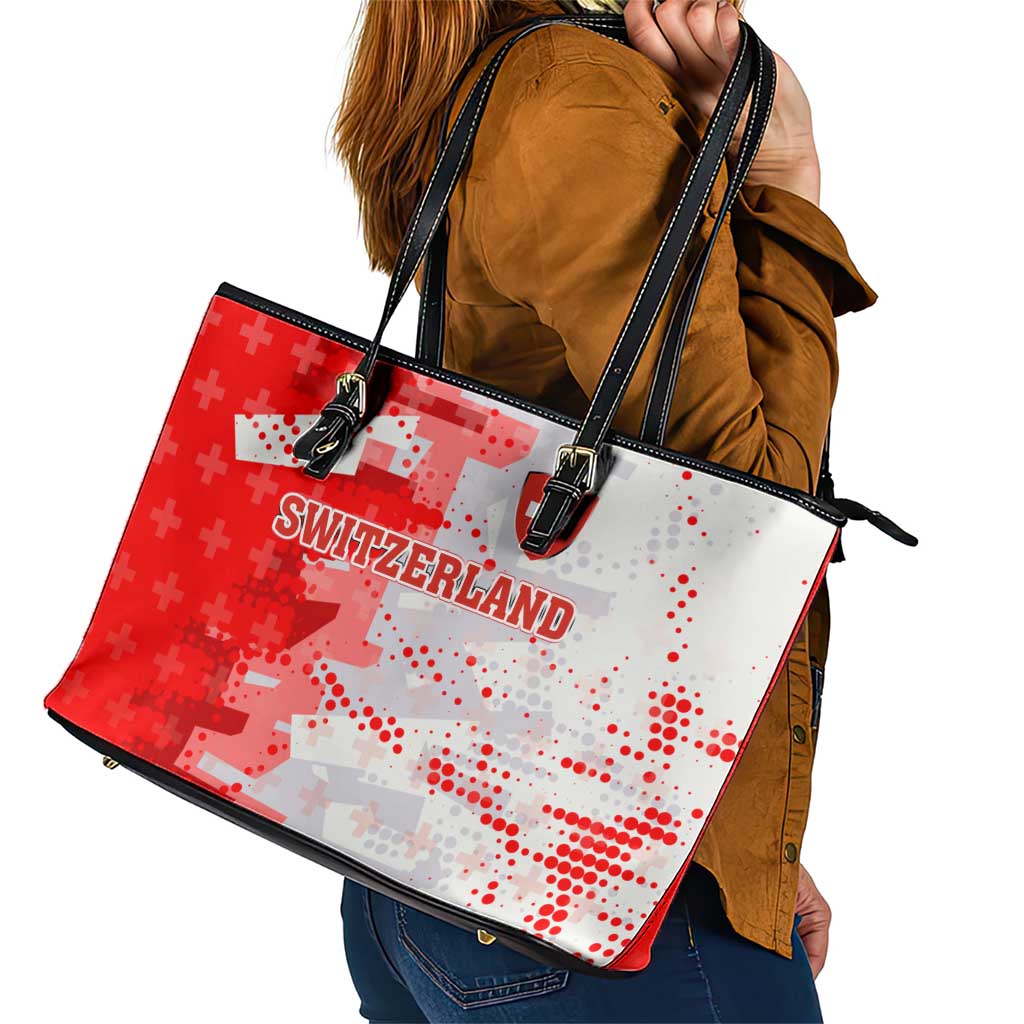 Switzerland Flag Leather Tote Bag with Camo Red White Sportswear with Swiss Cross Shield - Wonder Print Shop