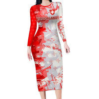 Switzerland Flag Long Sleeve Bodycon Dress with Camo Red White Sportswear with Swiss Cross Shield - Wonder Print Shop