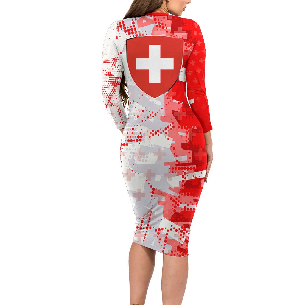 Switzerland Flag Long Sleeve Bodycon Dress with Camo Red White Sportswear with Swiss Cross Shield - Wonder Print Shop