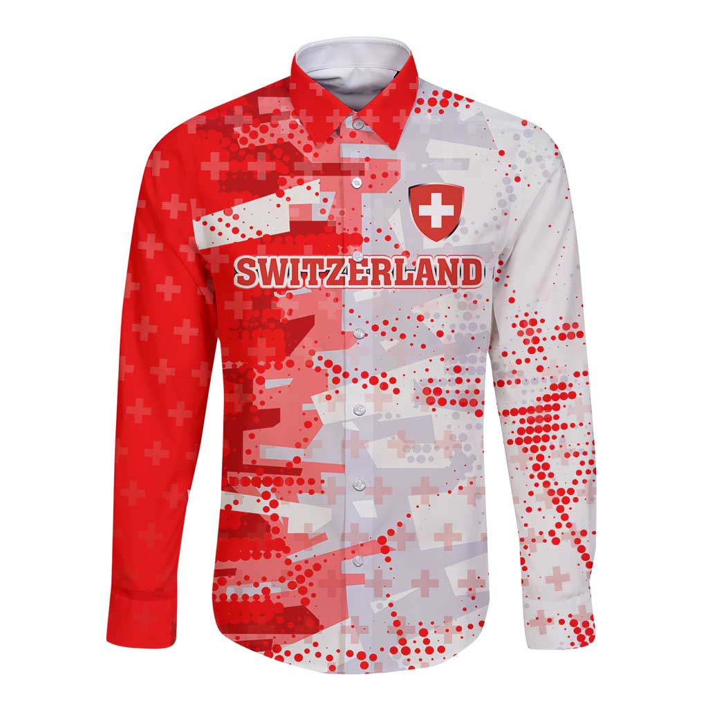 Switzerland Flag Long Sleeve Button Shirt with Camo Red White Sportswear with Swiss Cross Shield - Wonder Print Shop