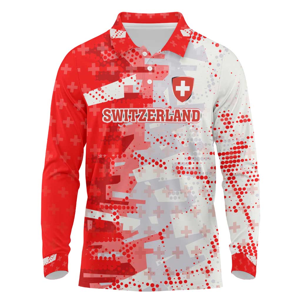 Switzerland Flag Long Sleeve Polo Shirt with Camo Red White Sportswear with Swiss Cross Shield - Wonder Print Shop