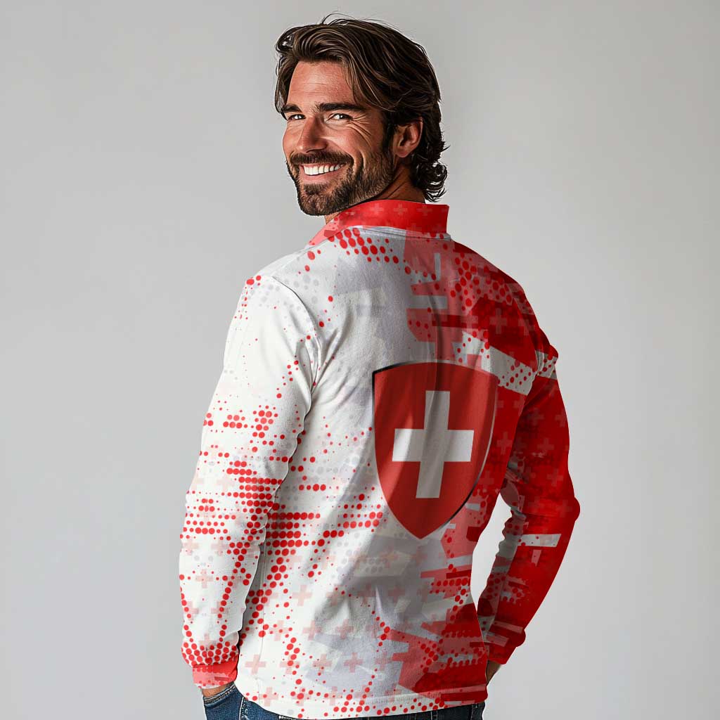 Switzerland Flag Long Sleeve Polo Shirt with Camo Red White Sportswear with Swiss Cross Shield - Wonder Print Shop