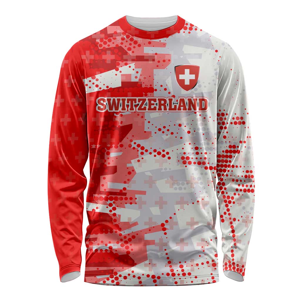 Switzerland Flag Long Sleeve Shirt with Camo Red White Sportswear with Swiss Cross Shield - Wonder Print Shop