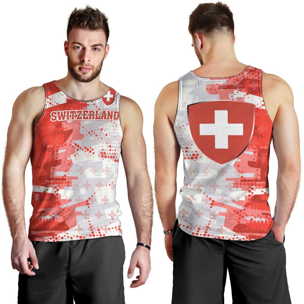 Switzerland Flag Men Tank Top with Camo Red White Sportswear with Swiss Cross Shield - Wonder Print Shop