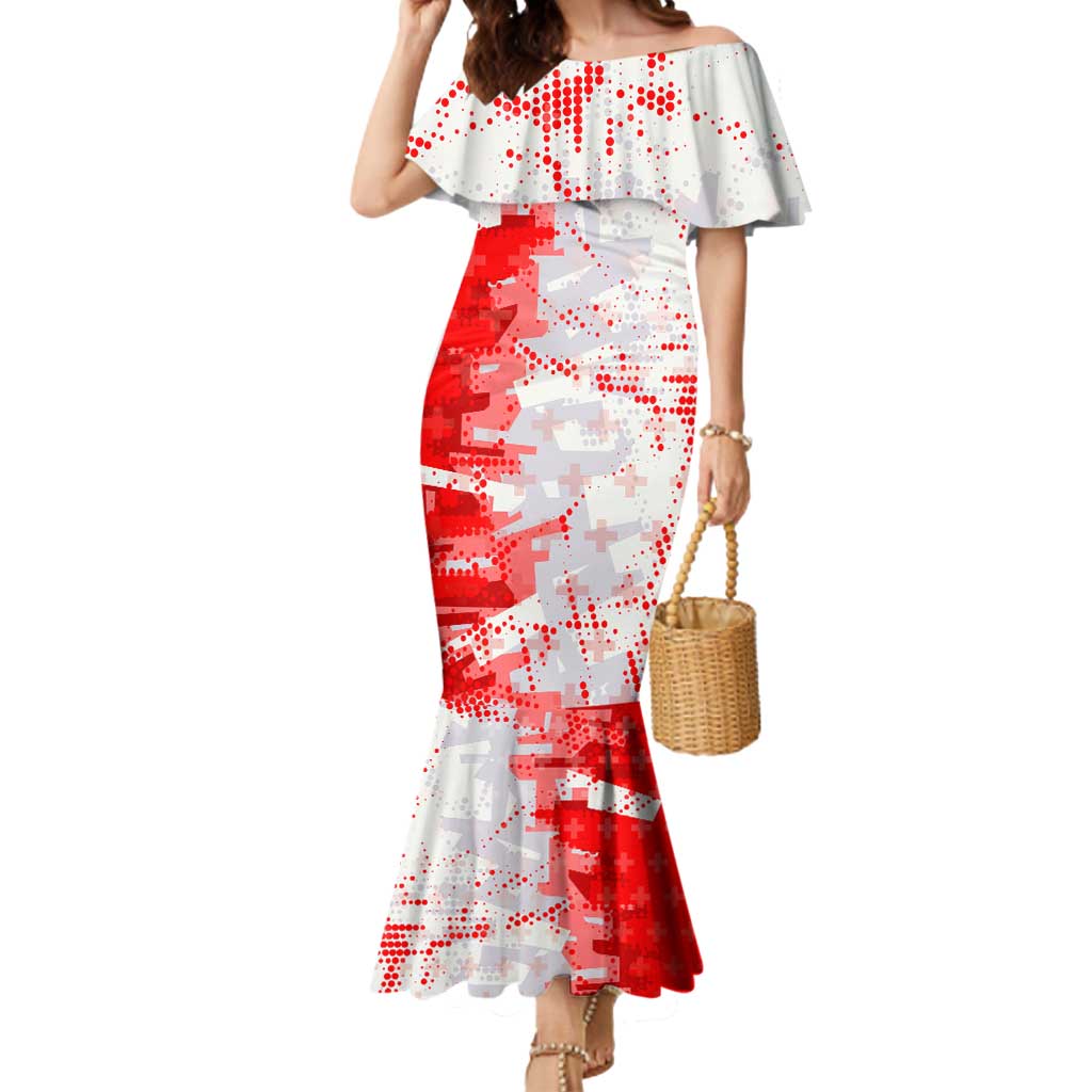 Switzerland Flag Mermaid Dress with Camo Red White Sportswear with Swiss Cross Shield - Wonder Print Shop