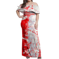 Switzerland Flag Off Shoulder Maxi Dress with Camo Red White Sportswear with Swiss Cross Shield - Wonder Print Shop