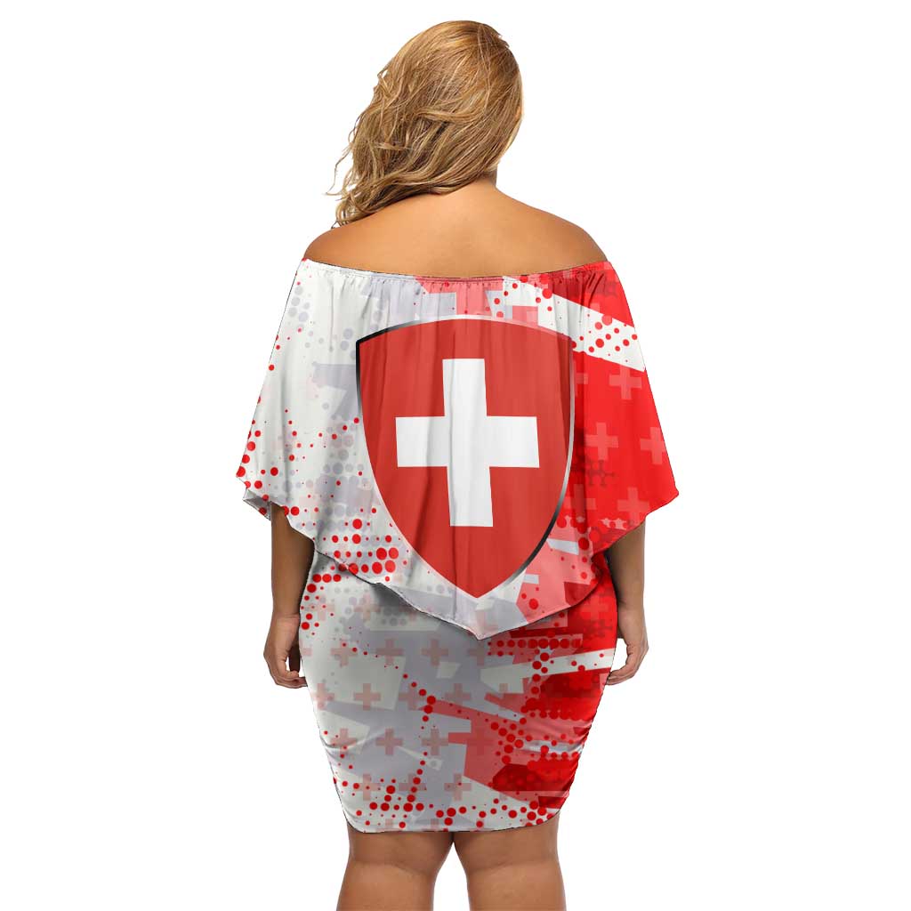 Switzerland Flag Off Shoulder Short Dress with Camo Red White Sportswear with Swiss Cross Shield - Wonder Print Shop