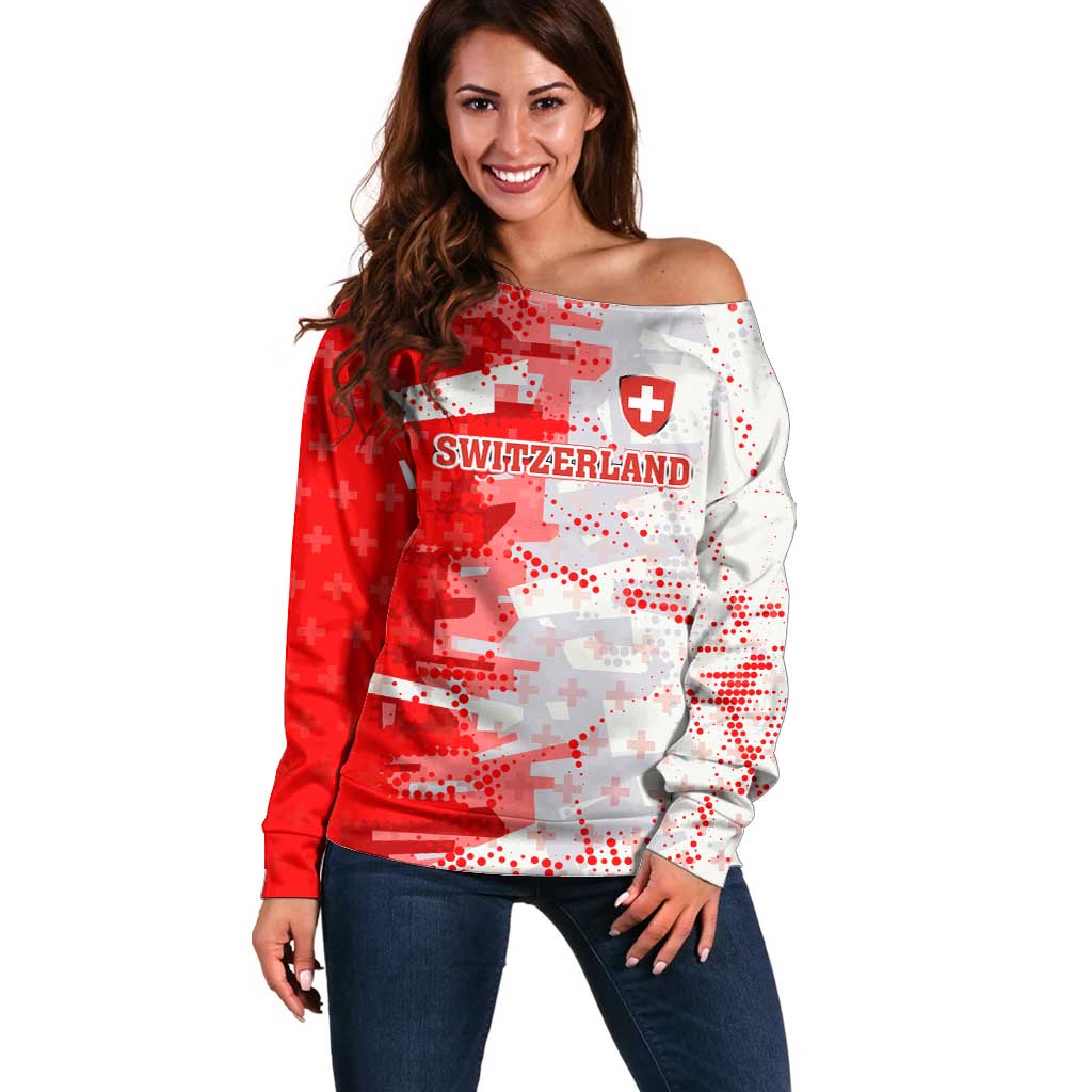 Switzerland Flag Off Shoulder Sweater with Camo Red White Sportswear with Swiss Cross Shield - Wonder Print Shop