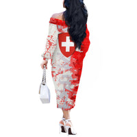 Switzerland Flag Off The Shoulder Long Sleeve Dress with Camo Red White Sportswear with Swiss Cross Shield - Wonder Print Shop