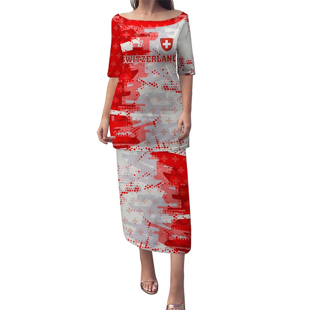 Switzerland Flag Puletasi with Camo Red White Sportswear with Swiss Cross Shield - Wonder Print Shop