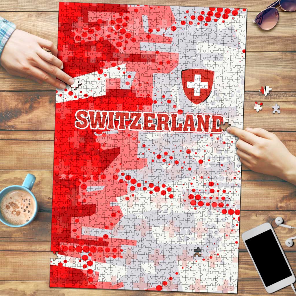 Switzerland Flag Puzzle with Camo Red White Sportswear with Swiss Cross Shield - Wonder Print Shop