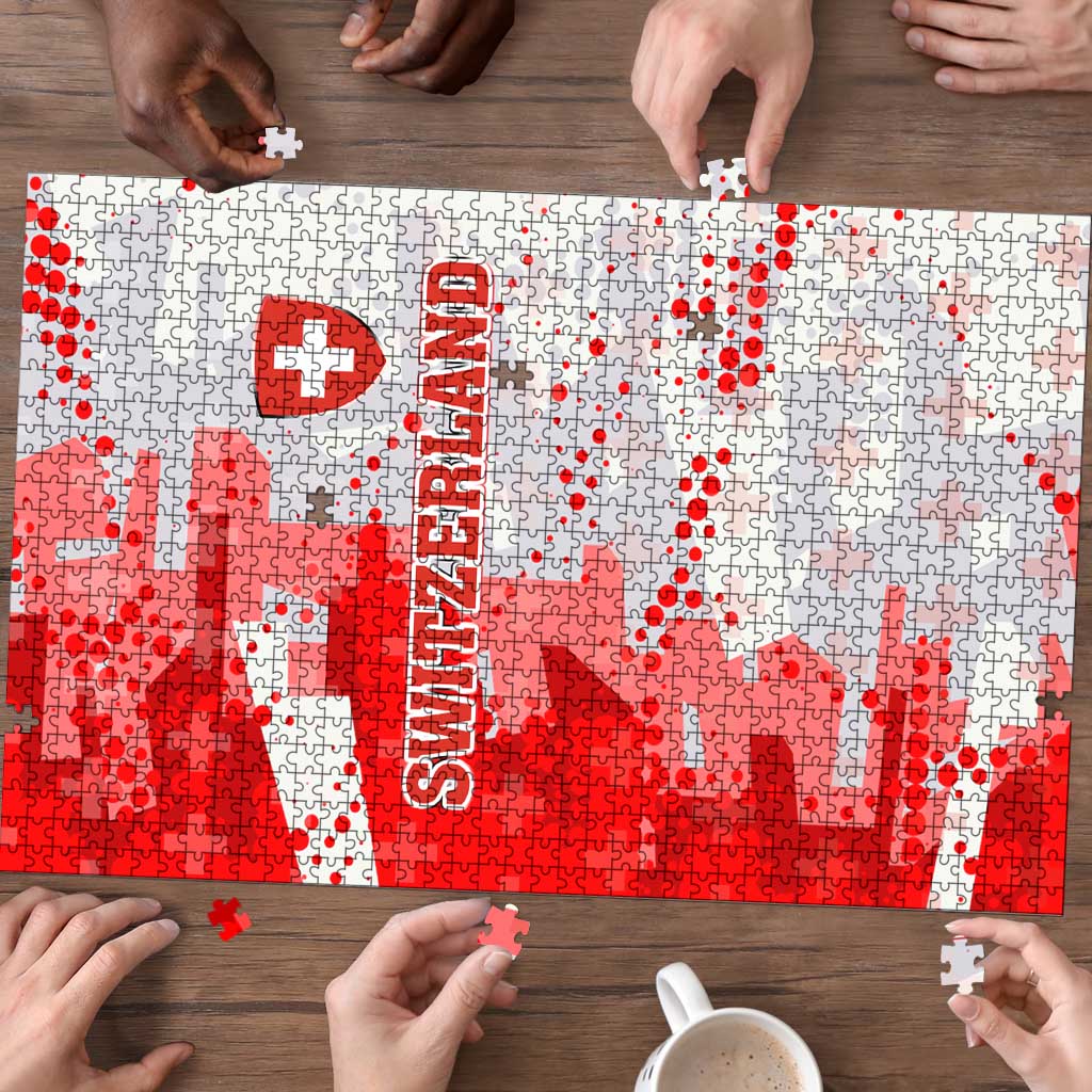 Switzerland Flag Puzzle with Camo Red White Sportswear with Swiss Cross Shield - Wonder Print Shop