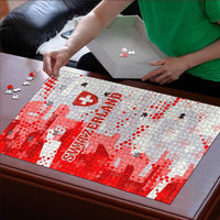 Switzerland Flag Puzzle with Camo Red White Sportswear with Swiss Cross Shield - Wonder Print Shop