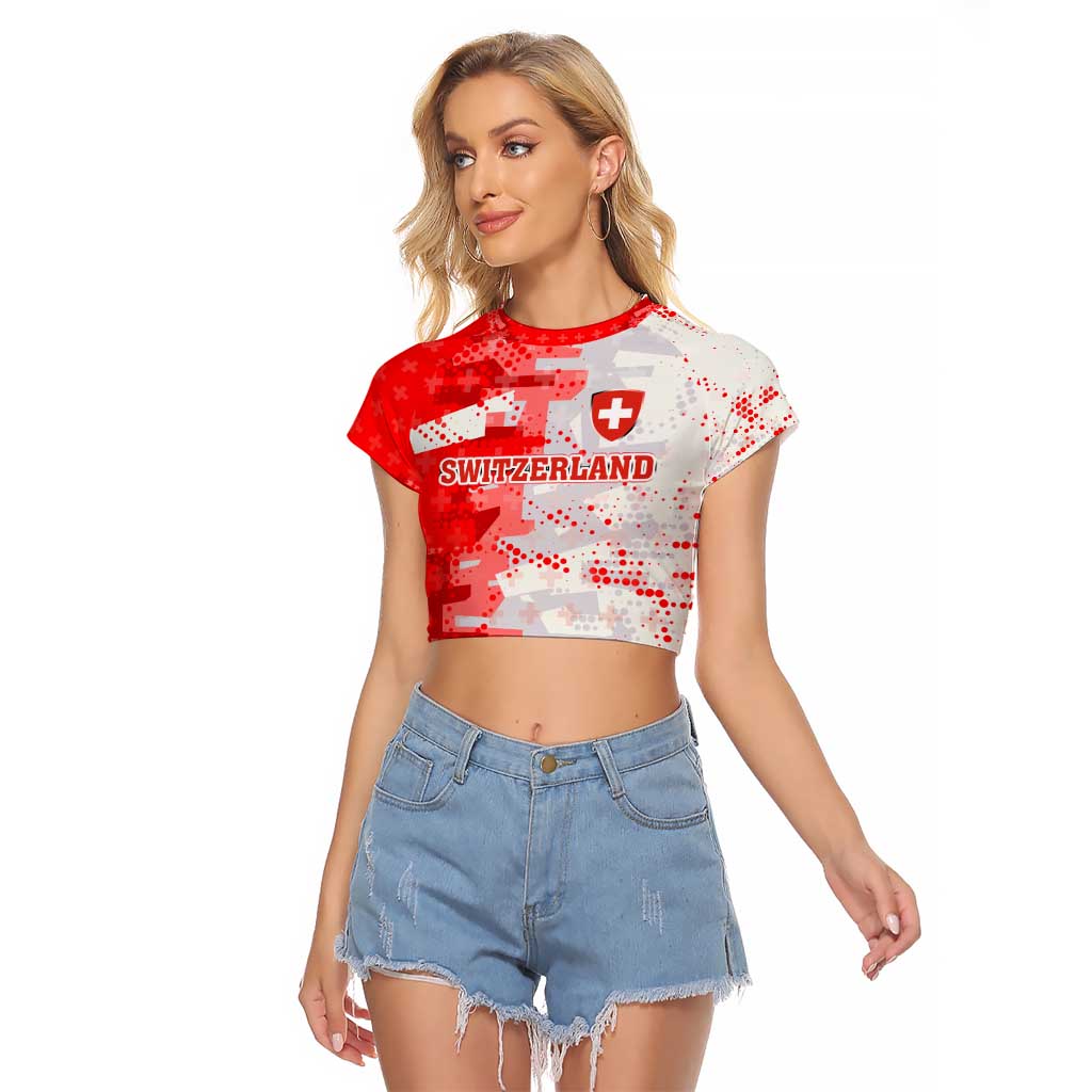 Switzerland Flag Raglan Cropped T Shirt with Camo Red White Sportswear with Swiss Cross Shield - Wonder Print Shop
