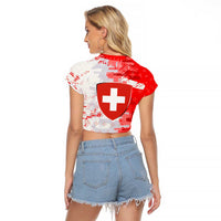 Switzerland Flag Raglan Cropped T Shirt with Camo Red White Sportswear with Swiss Cross Shield - Wonder Print Shop