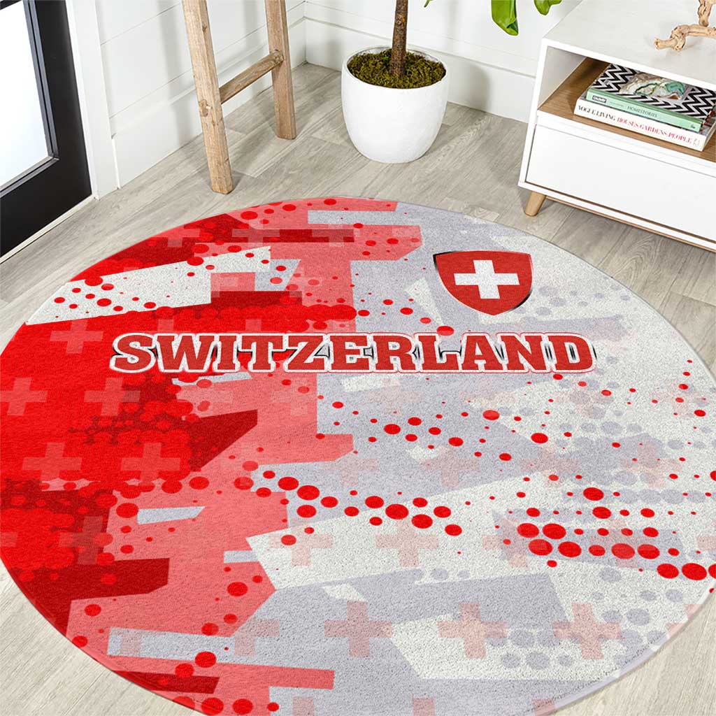 Switzerland Flag Round Carpet with Camo Red White Sportswear with Swiss Cross Shield - Wonder Print Shop