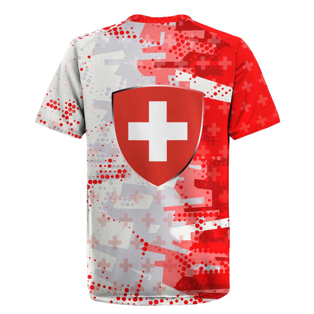 Switzerland Flag Rugby Jersey with Camo Red White Sportswear with Swiss Cross Shield - Wonder Print Shop