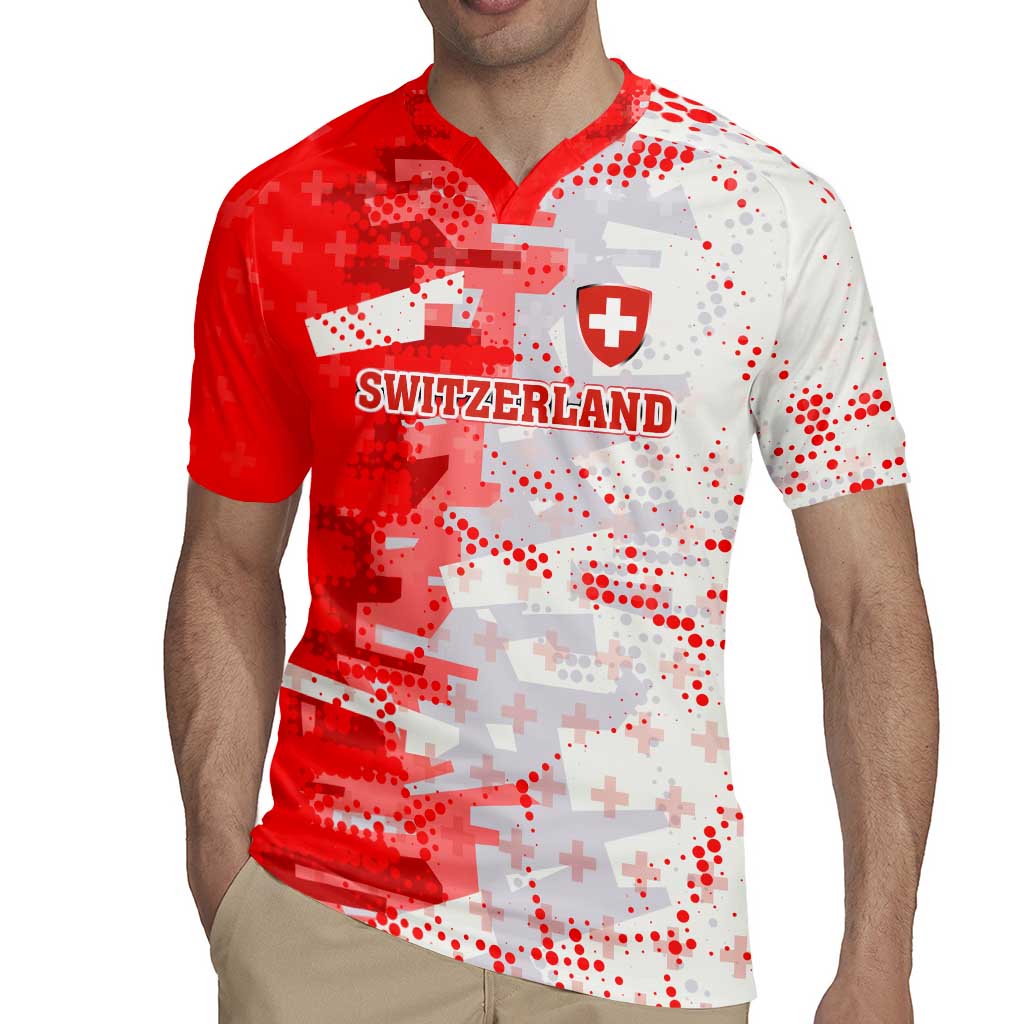 Switzerland Flag Rugby Jersey with Camo Red White Sportswear with Swiss Cross Shield - Wonder Print Shop