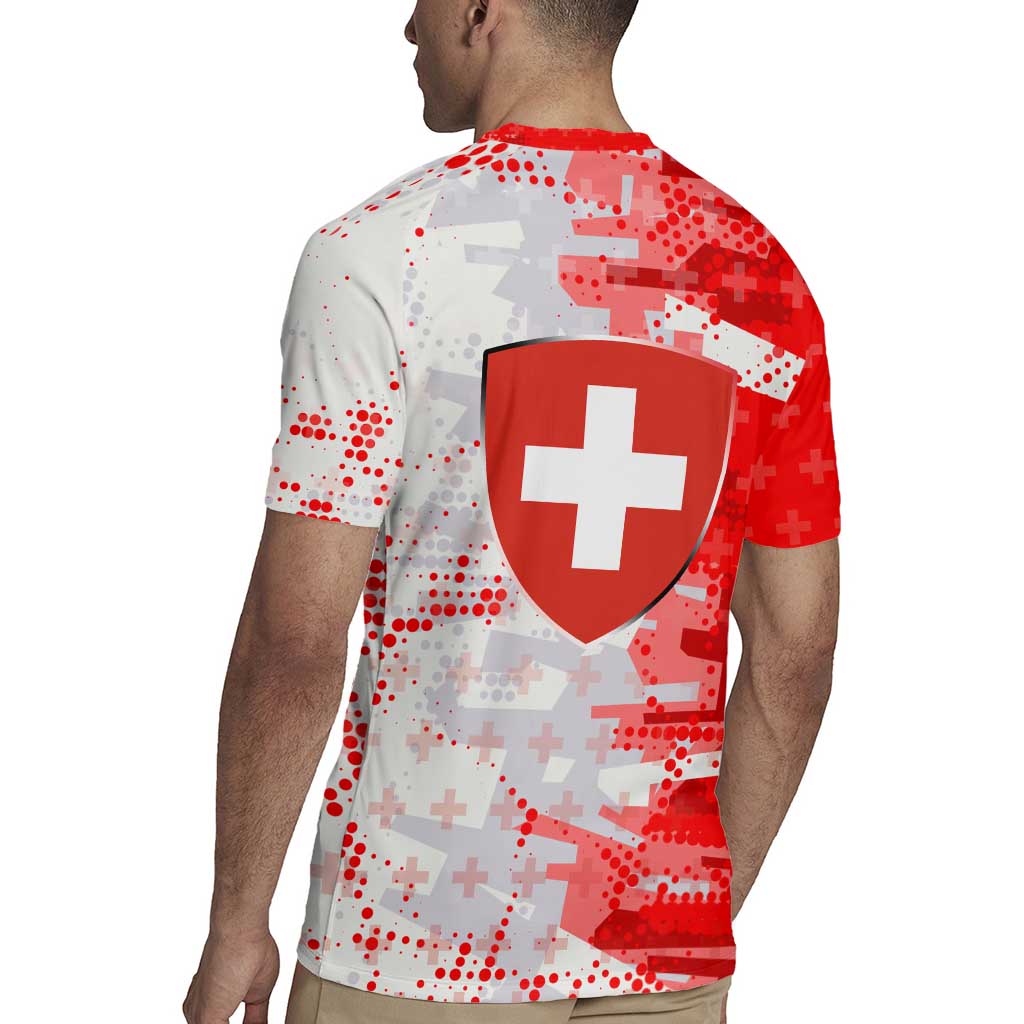 Switzerland Flag Rugby Jersey with Camo Red White Sportswear with Swiss Cross Shield - Wonder Print Shop