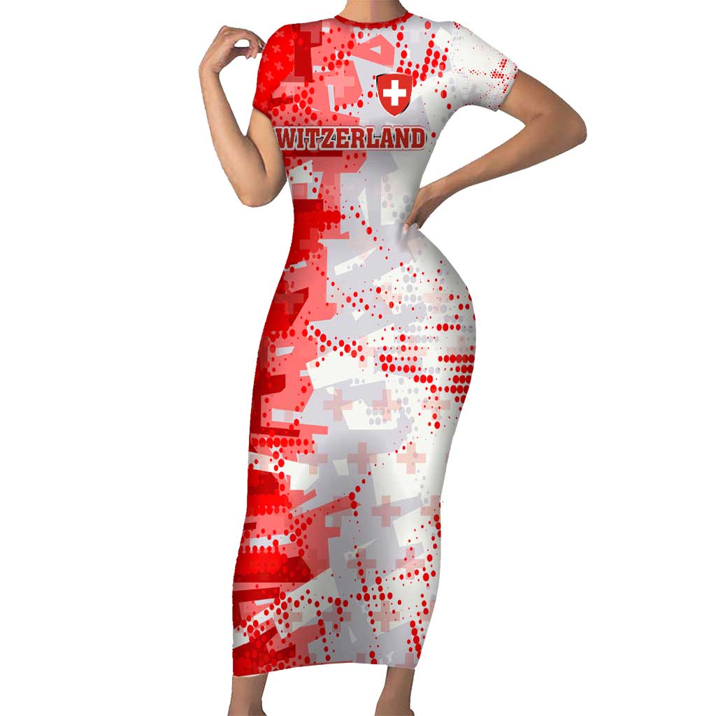 Switzerland Flag Short Sleeve Bodycon Dress with Camo Red White Sportswear with Swiss Cross Shield - Wonder Print Shop