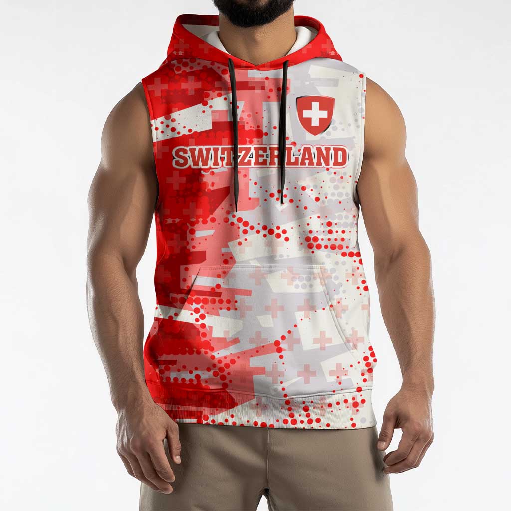Switzerland Flag Sleeveless Hoodie with Camo Red White Sportswear with Swiss Cross Shield - Wonder Print Shop