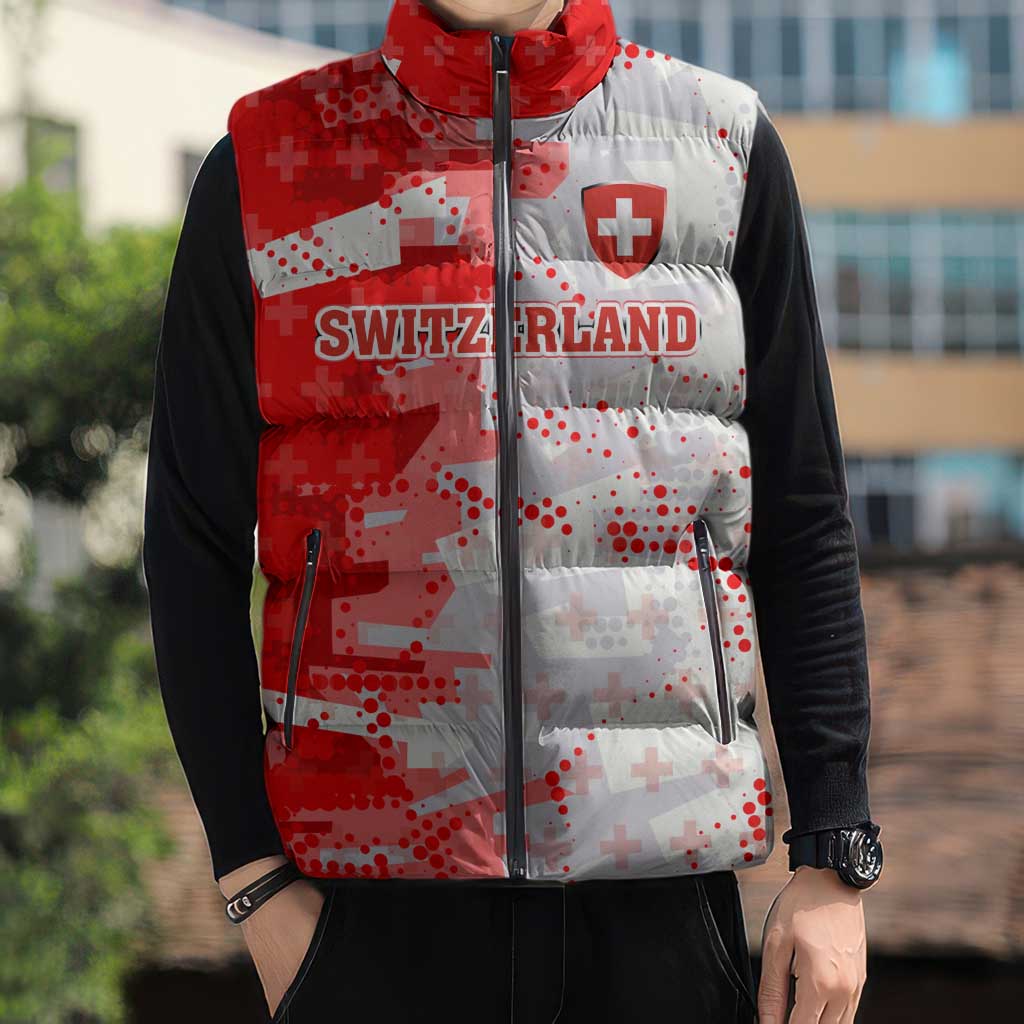 Switzerland Flag Sleeveless Puffer Jacket with Camo Red White Sportswear with Swiss Cross Shield - Wonder Print Shop