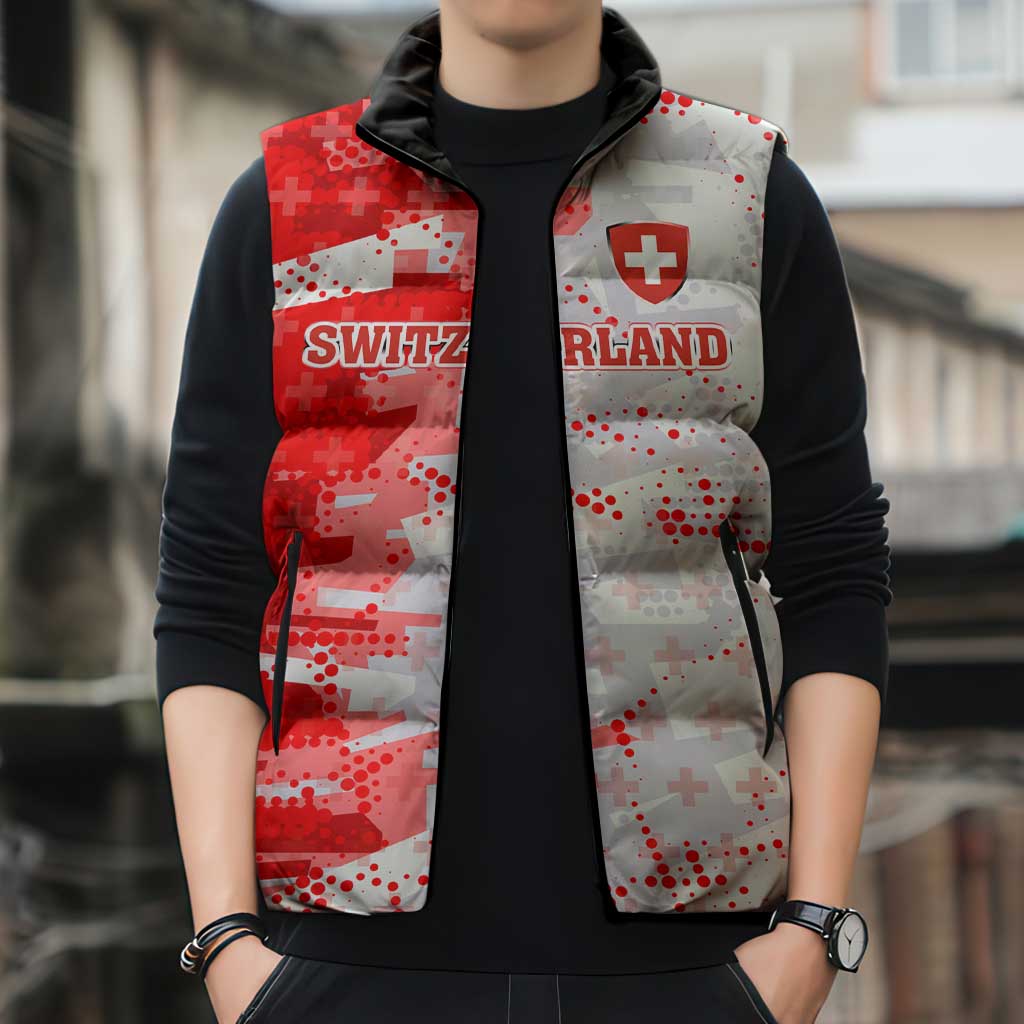 Switzerland Flag Sleeveless Puffer Jacket with Camo Red White Sportswear with Swiss Cross Shield - Wonder Print Shop