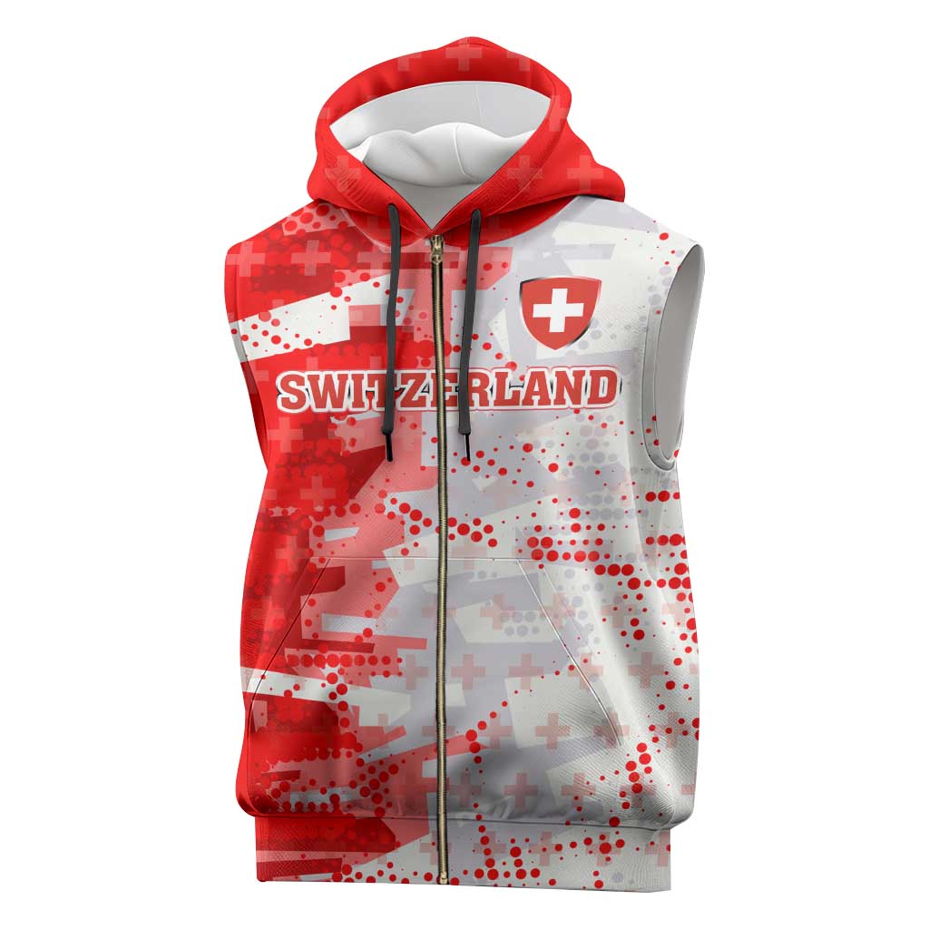 Switzerland Flag Sleeveless Zip Hoodie with Camo Red White Sportswear with Swiss Cross Shield - Wonder Print Shop