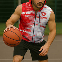 Switzerland Flag Sleeveless Zip Hoodie with Camo Red White Sportswear with Swiss Cross Shield - Wonder Print Shop