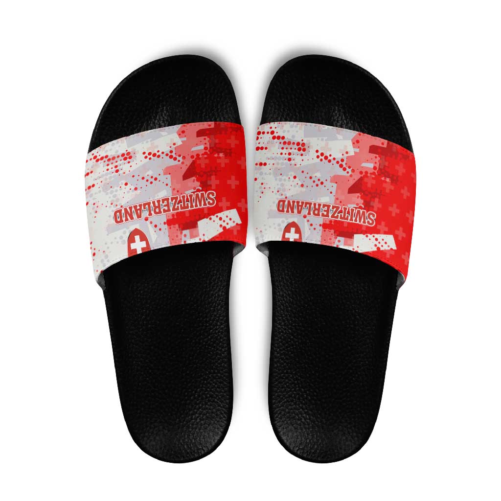 Switzerland Flag Slide Sandals with Camo Red White Sportswear with Swiss Cross Shield - Wonder Print Shop