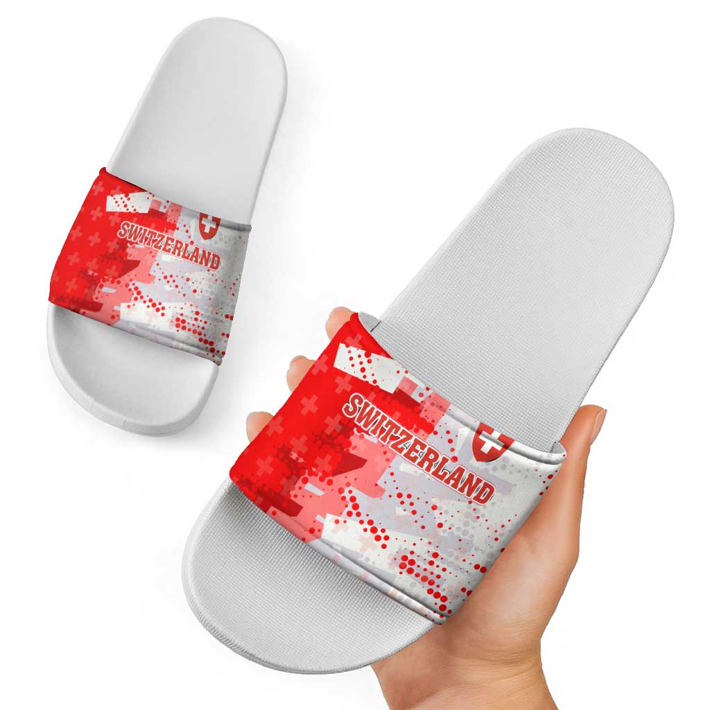 Switzerland Flag Slide Sandals with Camo Red White Sportswear with Swiss Cross Shield - Wonder Print Shop