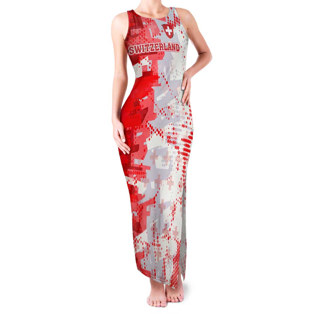 Switzerland Flag Tank Maxi Dress with Camo Red White Sportswear with Swiss Cross Shield - Wonder Print Shop