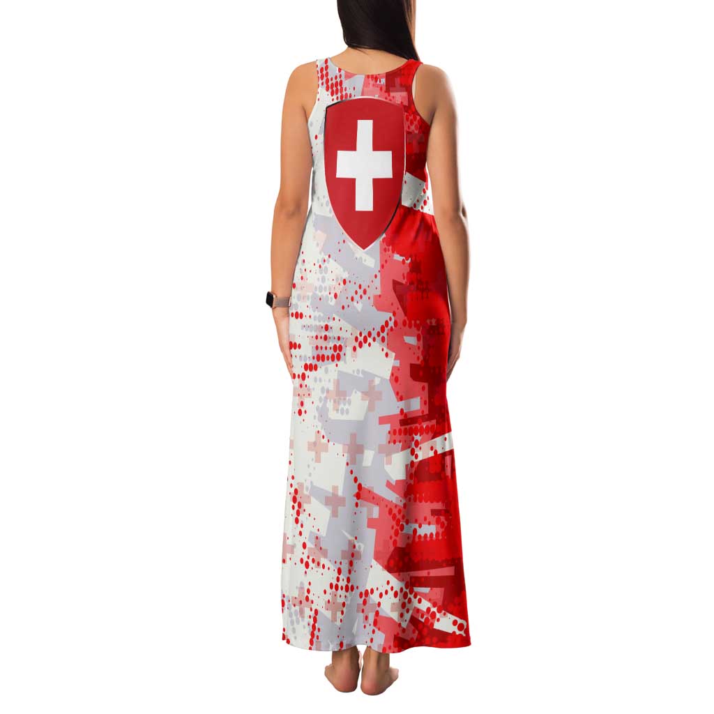 Switzerland Flag Tank Maxi Dress with Camo Red White Sportswear with Swiss Cross Shield - Wonder Print Shop