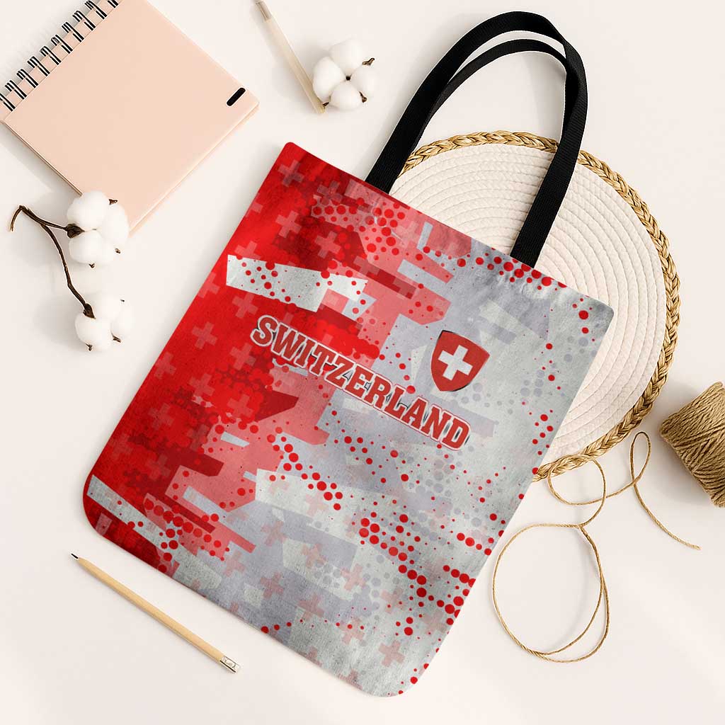 Switzerland Flag Tote Bag with Camo Red White Sportswear with Swiss Cross Shield - Wonder Print Shop