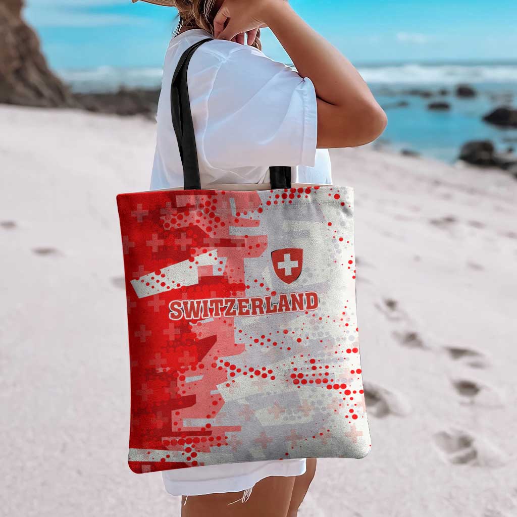 Switzerland Flag Tote Bag with Camo Red White Sportswear with Swiss Cross Shield - Wonder Print Shop