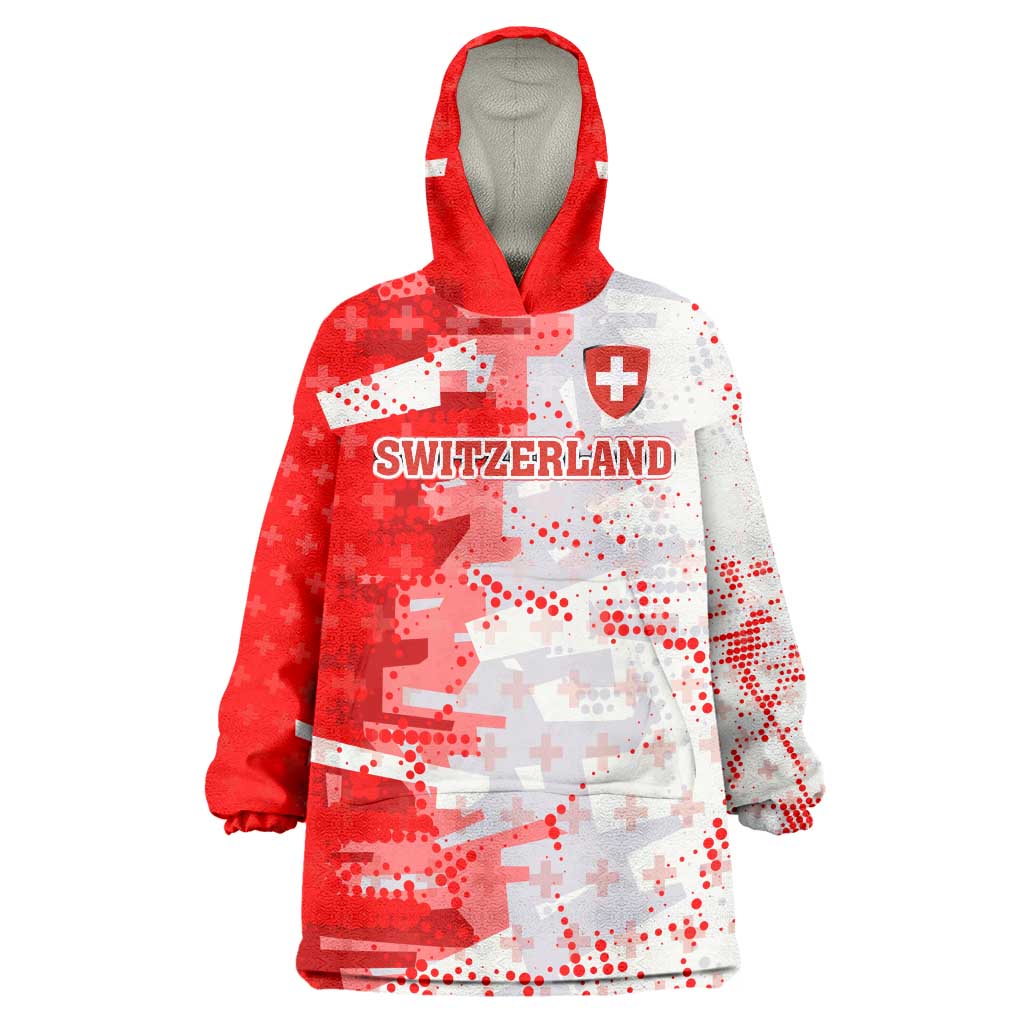 Switzerland Flag Wearable Blanket Hoodie with Camo Red White Sportswear with Swiss Cross Shield - Wonder Print Shop