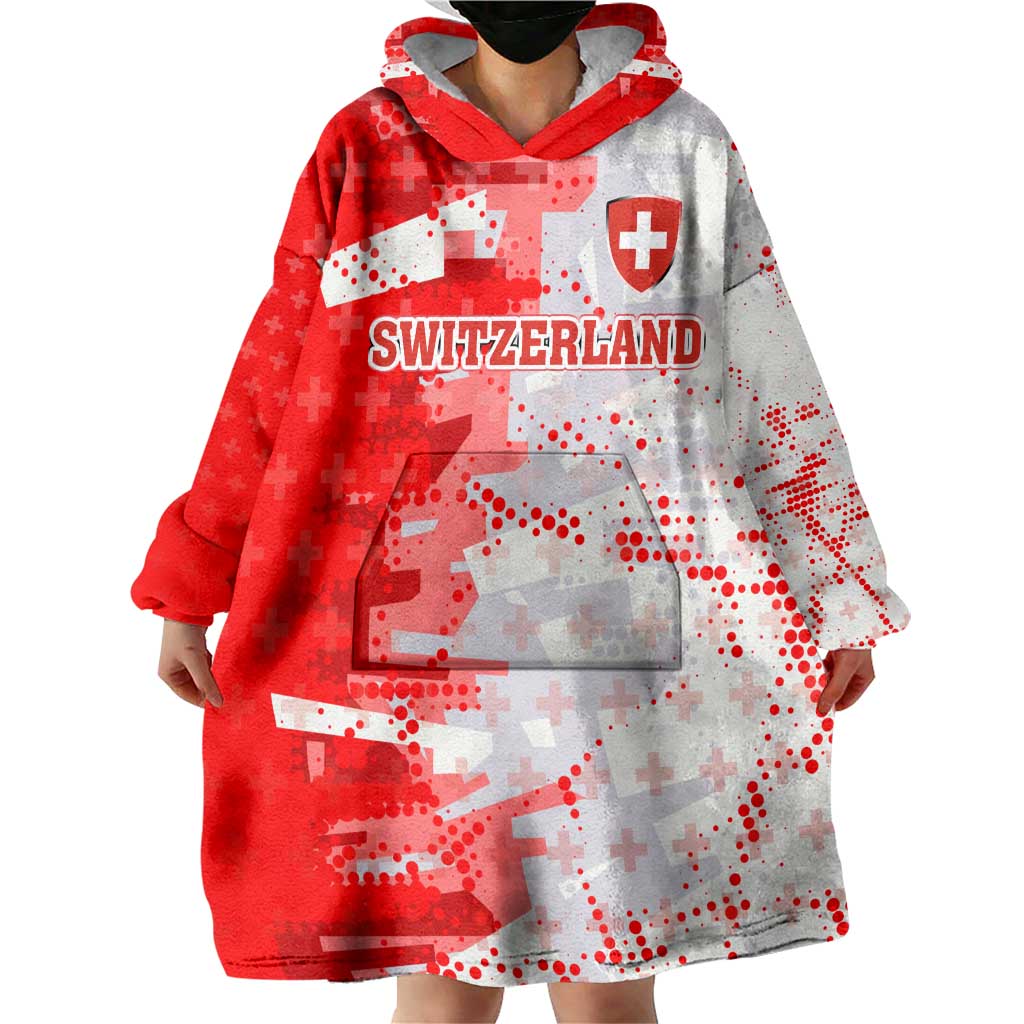 Switzerland Flag Wearable Blanket Hoodie with Camo Red White Sportswear with Swiss Cross Shield - Wonder Print Shop