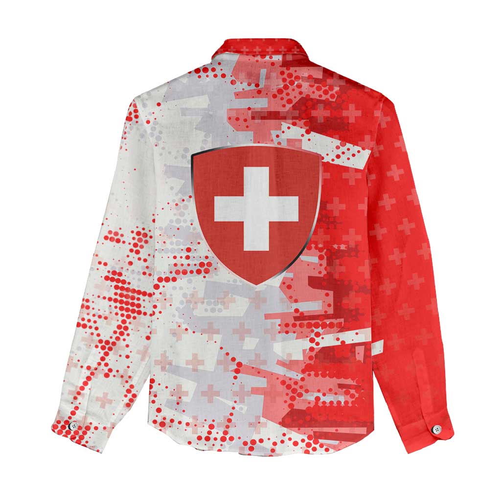 Switzerland Flag Women Casual Shirt with Camo Red White Sportswear with Swiss Cross Shield - Wonder Print Shop