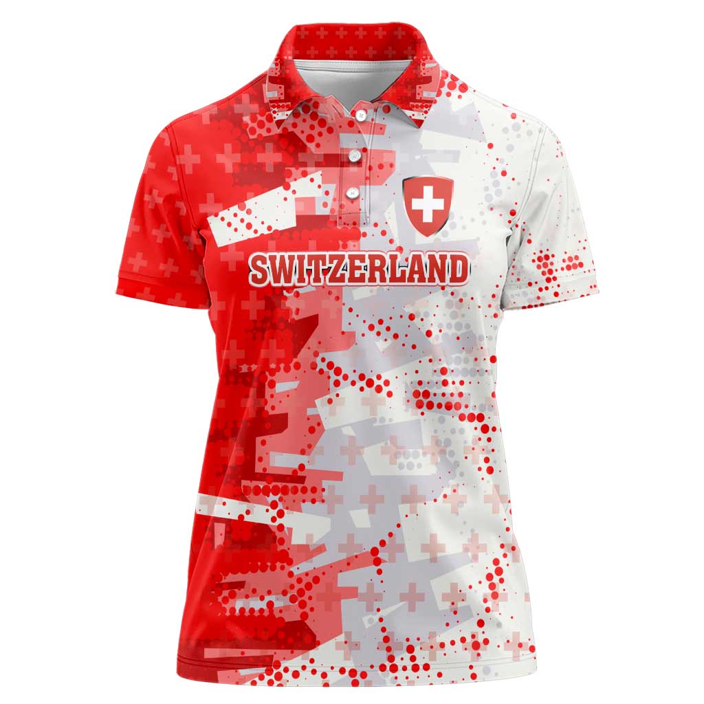 Switzerland Flag Women Polo Shirt with Camo Red White Sportswear with Swiss Cross Shield - Wonder Print Shop