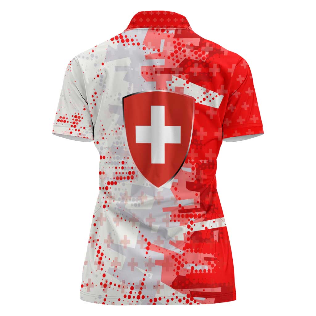 Switzerland Flag Women Polo Shirt with Camo Red White Sportswear with Swiss Cross Shield - Wonder Print Shop