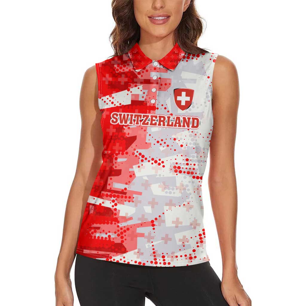 Switzerland Flag Women Sleeveless Polo Shirt with Camo Red White Sportswear with Swiss Cross Shield - Wonder Print Shop
