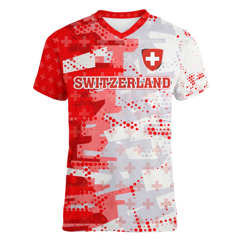 Switzerland Flag Women V-Neck T-Shirt with Camo Red White Sportswear with Swiss Cross Shield - Wonder Print Shop
