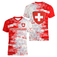 Switzerland Flag Women V-Neck T-Shirt with Camo Red White Sportswear with Swiss Cross Shield - Wonder Print Shop