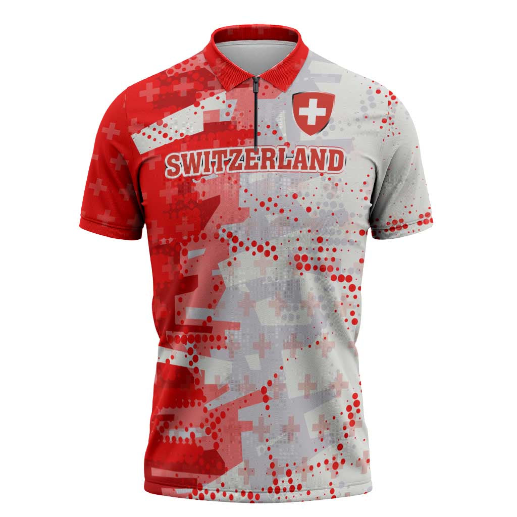 Switzerland Flag Zipper Polo Shirt with Camo Red White Sportswear with Swiss Cross Shield - Wonder Print Shop
