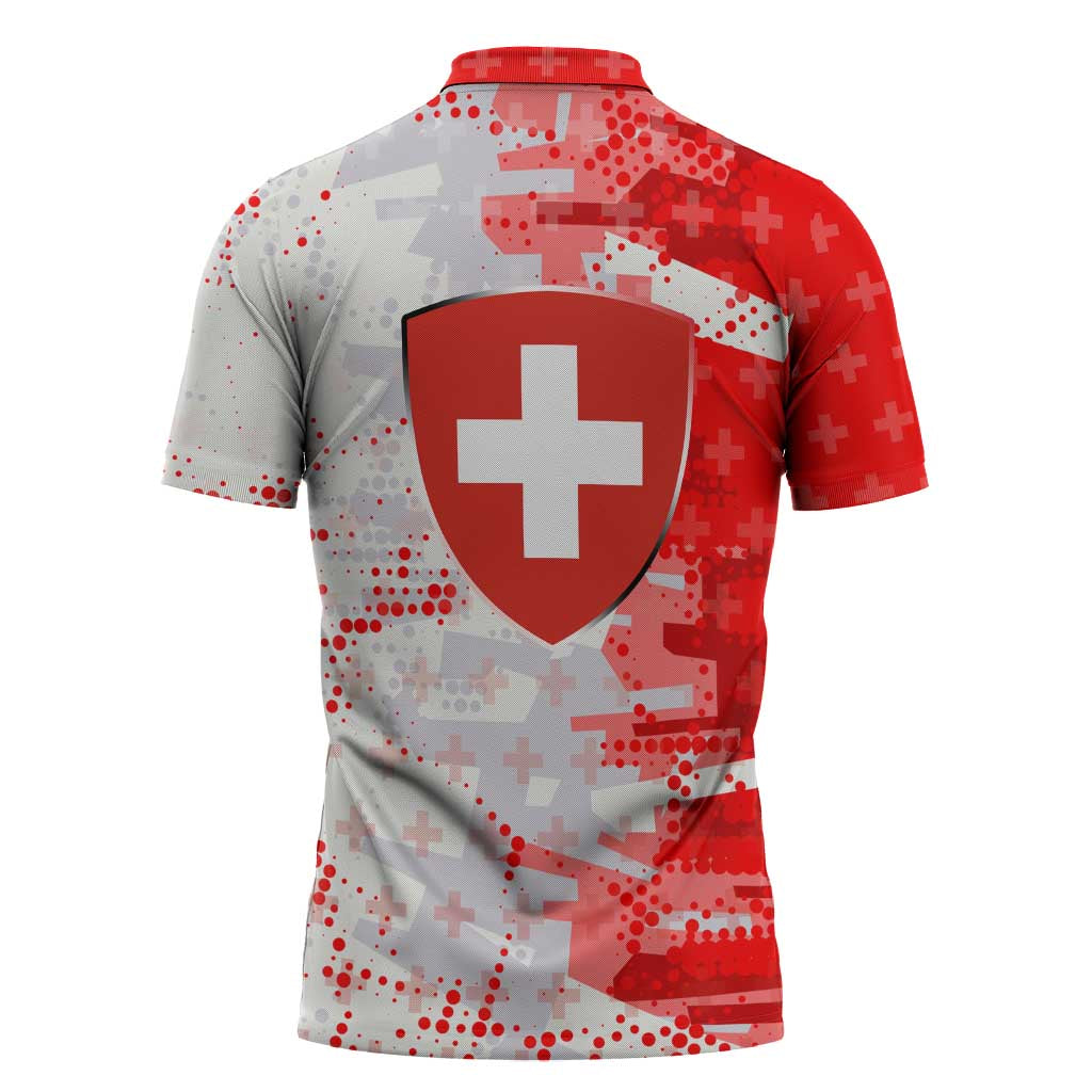 Switzerland Flag Zipper Polo Shirt with Camo Red White Sportswear with Swiss Cross Shield - Wonder Print Shop