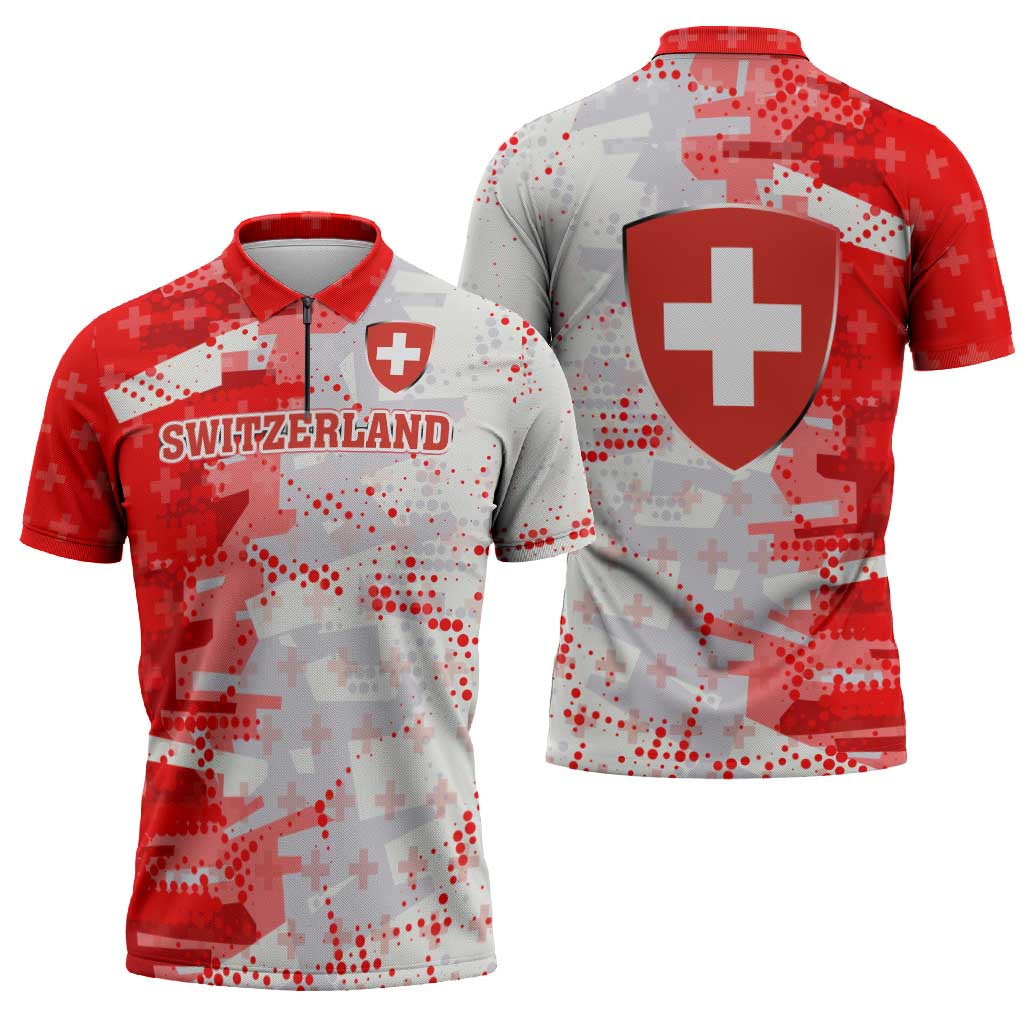 Switzerland Flag Zipper Polo Shirt with Camo Red White Sportswear with Swiss Cross Shield - Wonder Print Shop