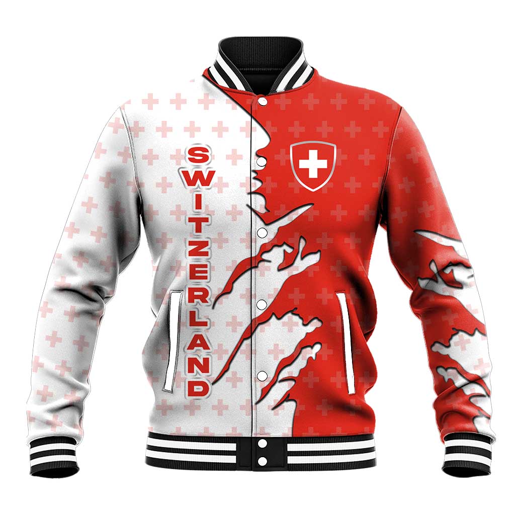 Switzerland Map Scratch Claw Swiss Flag Baseball Jacket with Vertical Text - Wonder Print Shop