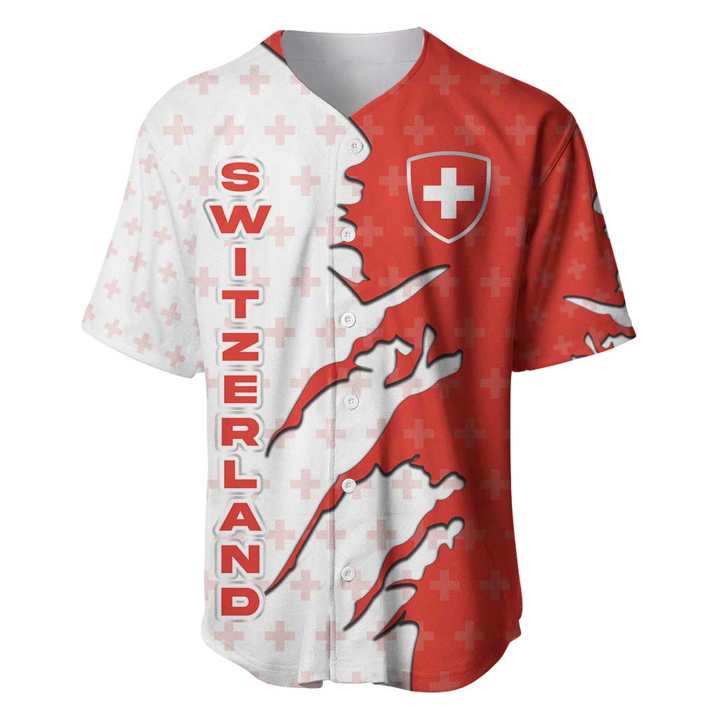 Switzerland Map Scratch Claw Swiss Flag Baseball Jersey with Vertical Text - Wonder Print Shop